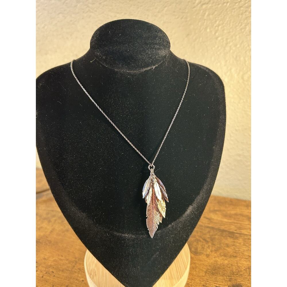 Sterling Silver 925 Multi Tone Feather Pendant Necklace Italy Dangle Boho 18”